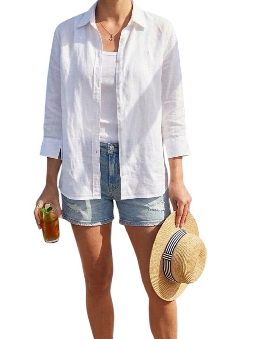 Chaps White Linen Button-Down Shirt Size L